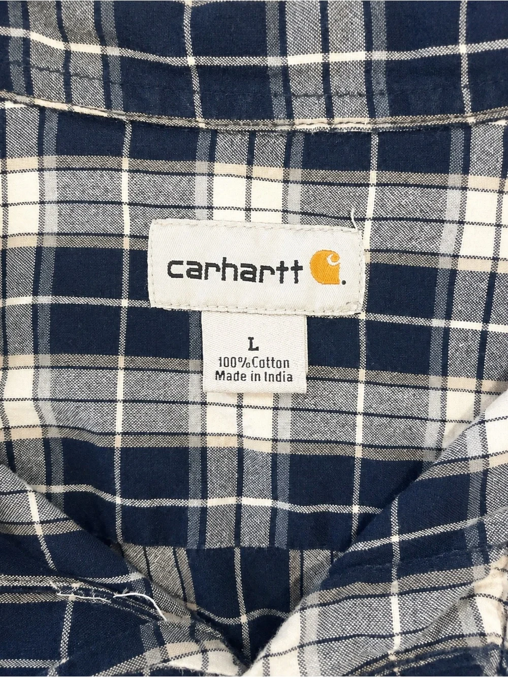 Carhartt men’s large navy plaid short sleeve button-down shirt, 100% cotton
